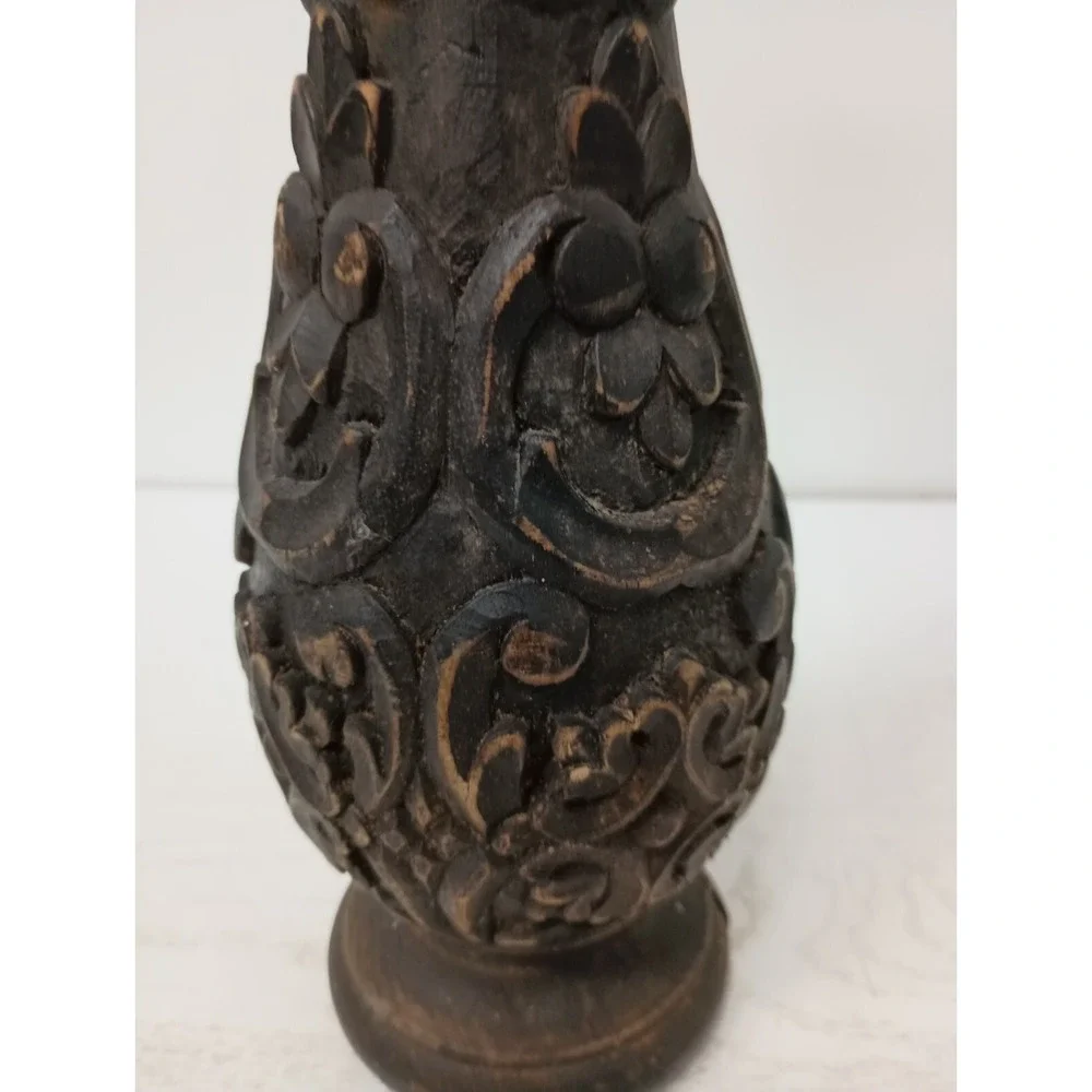 Vintage Hand Carved Turned Wood Vase 3D Raised Floral Design Rustic Primitive
